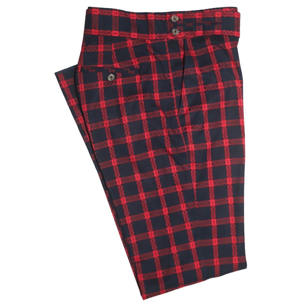 Mens Gurkha Pants Blue Red Check Wool Slim Straight Flat Front Dress Trousers 38